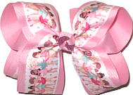 Large Ballerinas on White over Pink Double Layer Overlay Bow